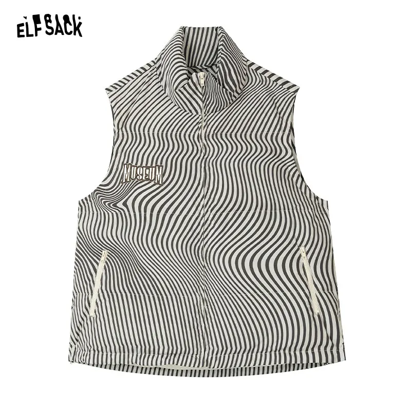 ELFSACK Striped Detachable Down Vest Women 2023 Autumn/Winter New Loose Warm Outwears