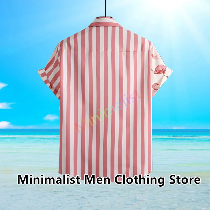 New Men's Hawaiian Shirts Summer 3d Flamingo Strip Print Holiday Short Sleeve Tops Tee Oversized Blouse Casual Men's Clothing