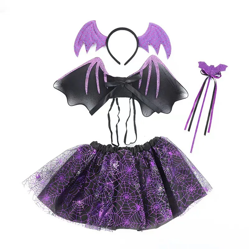 

Girl Halloween Costume for Children Witch Spider Web Tutu Skirt Wings Wand Kids Party Bat Dress Up Wizard Cosplay Outfit 2023
