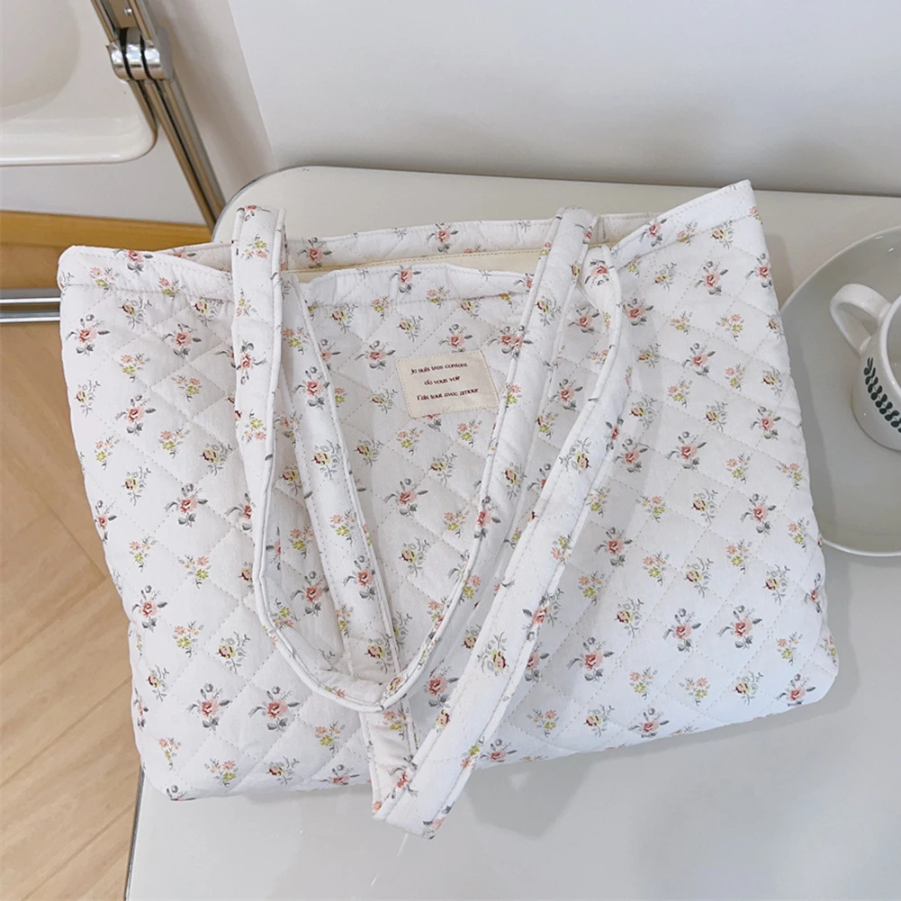 Women Quilted Diamond Lattice Handbag Large Capacity Padded Shopping Tote Lightweight Floral Shoulder Bag Cotton Chic Hobo Bag