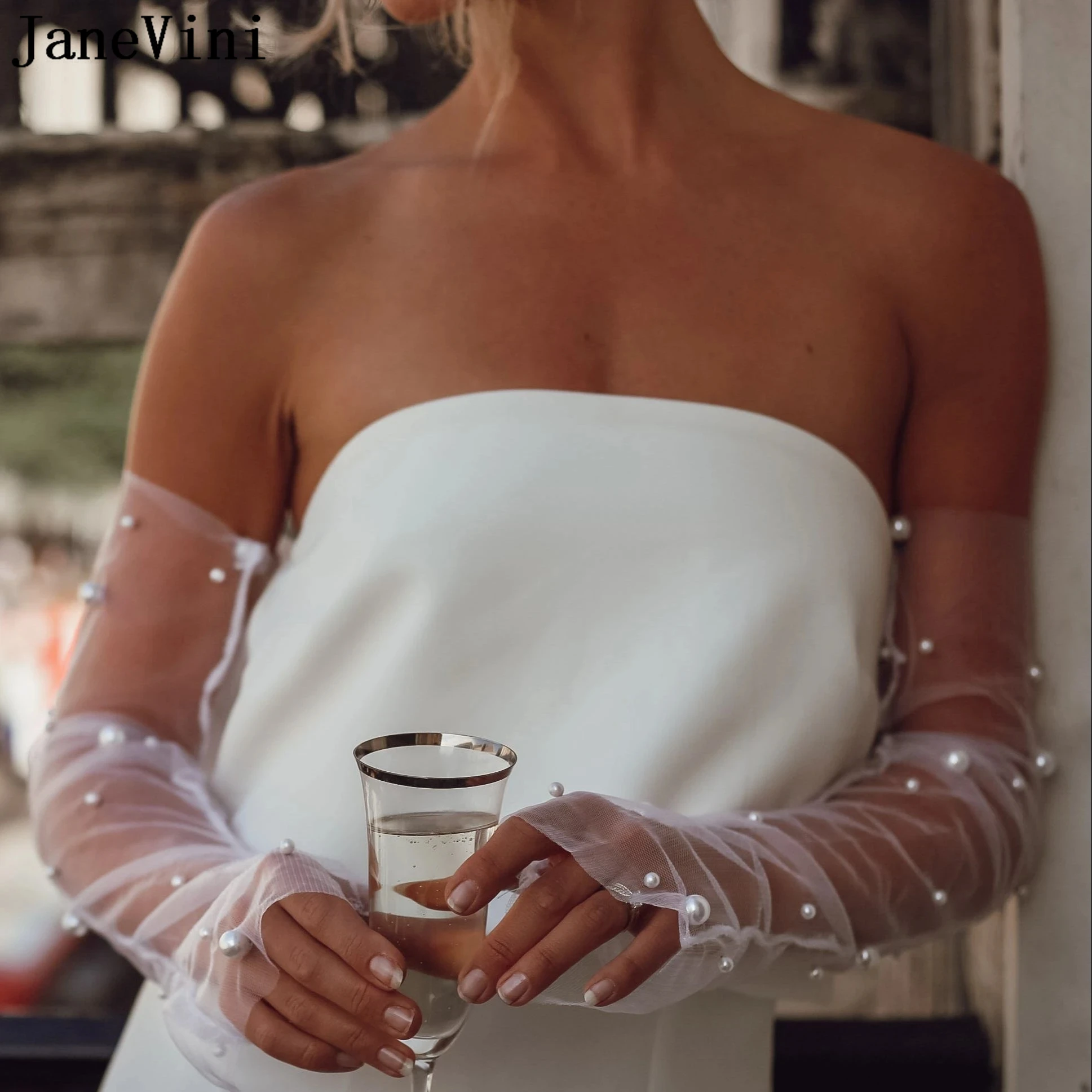 

JaneVini Elegant Pearls Bride Gloves Women Long Tulle Wedding Gloves Fingerless Sheer Transparent Lady Bridal Sleeves Detachable