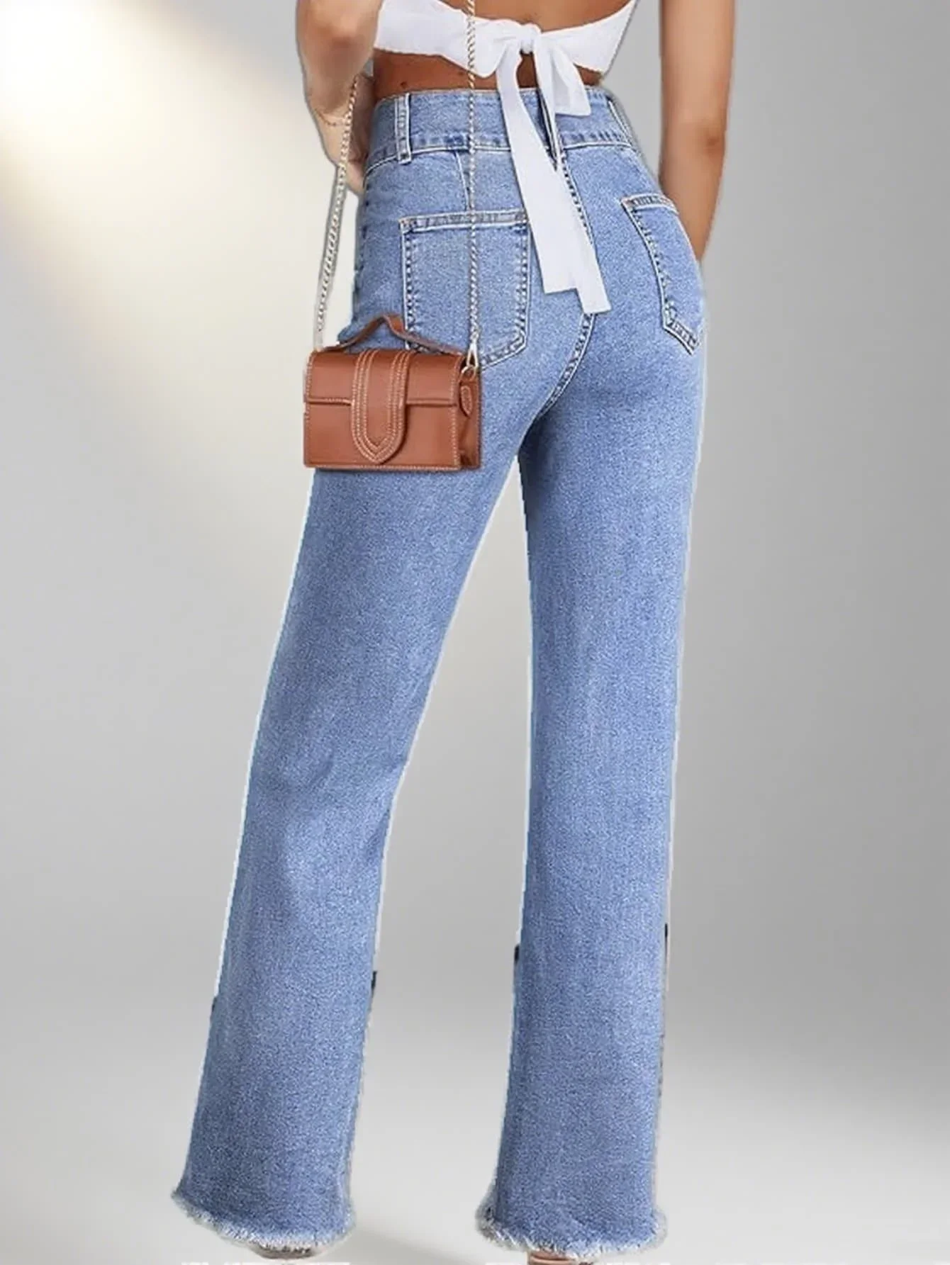Y2k Jeans For Woman Stretch Denim Trousers Light Blue Straight Leg Multi Button Detail Decorative Pocket New Design 6