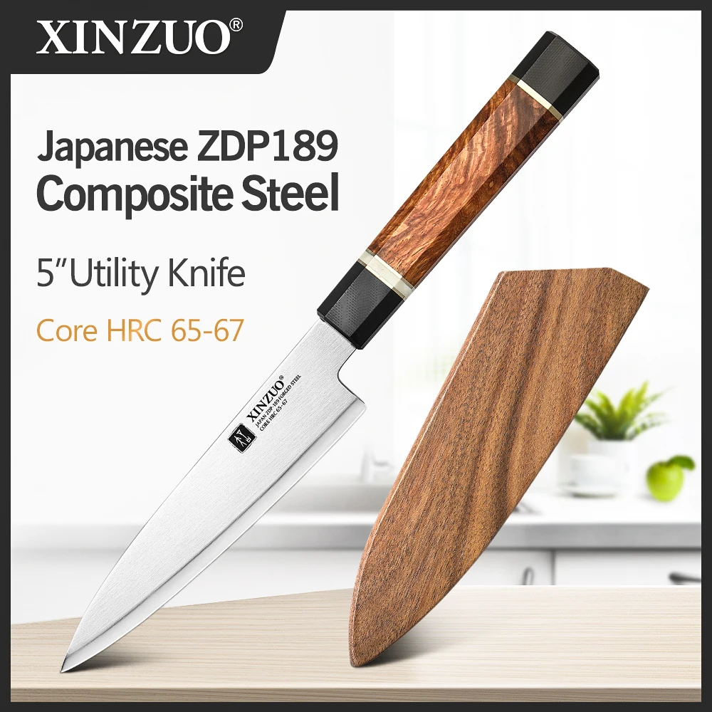 

XINZUO 5" Utility Kitchen Knife High Hardess 65-67 Japanese ZDP189 Composite Power Steel High End Fruit Paring Slicing Knife