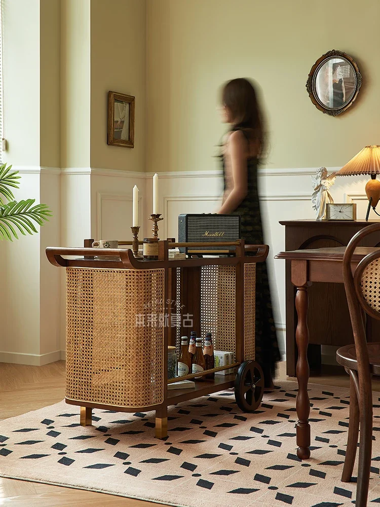 Vintage Ash Wood Rattan Trolley Side Movable Dining Double Shelf Reinforced Glass For Home Hotel Commercial