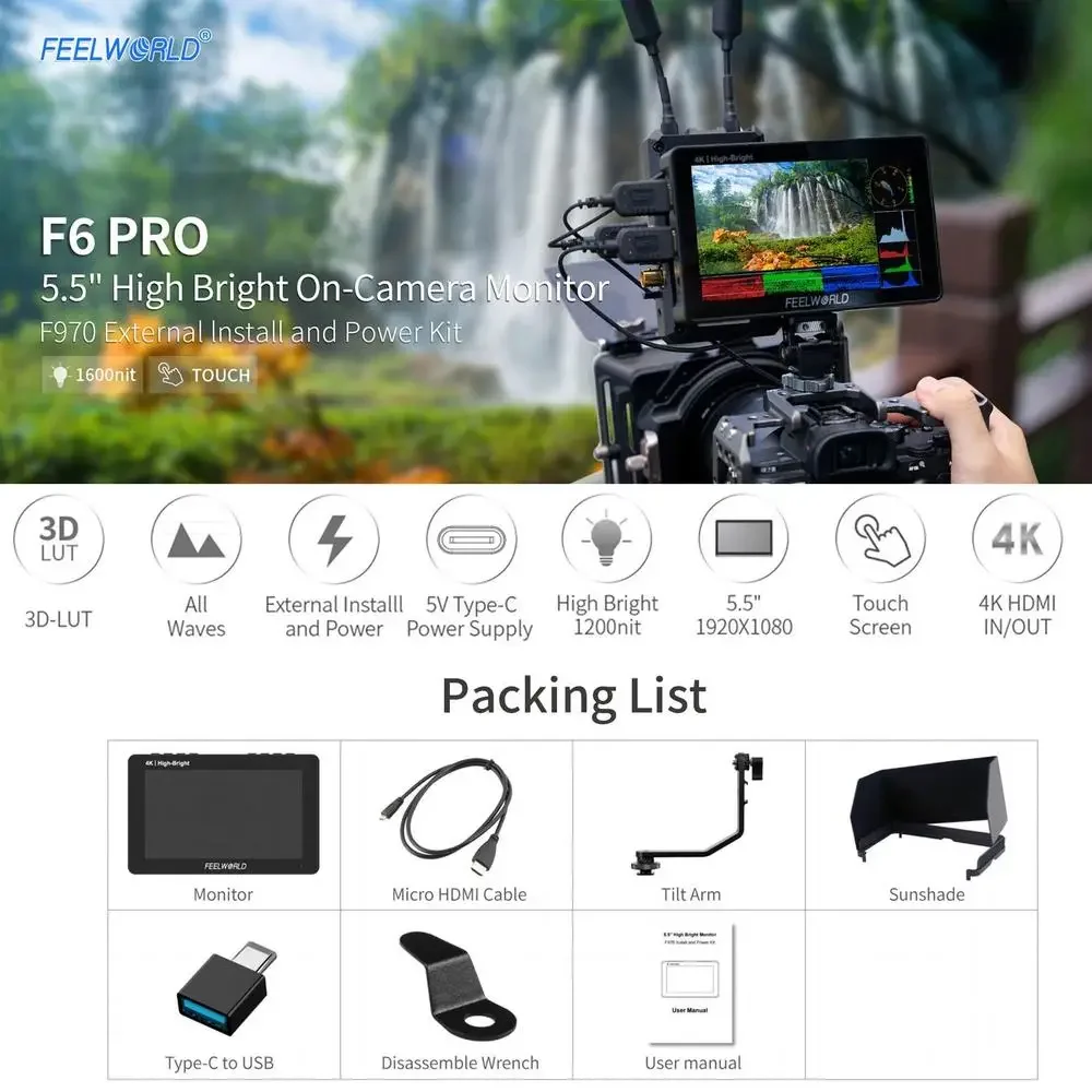 FEELWORLD F6 Pro 5.5 Inch DSLR Touch Screen Camera Monitor 1600nits Ultra Bright 1920X1080 4K Input Output DC OUT Video Camera