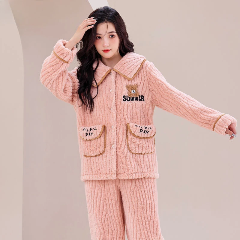 Female Pajamas Winter Women Thickened Jacquard Velvet Loose Home Wear Two-Piece Sweet Warm Suitable for Daily Wear Nightclothes