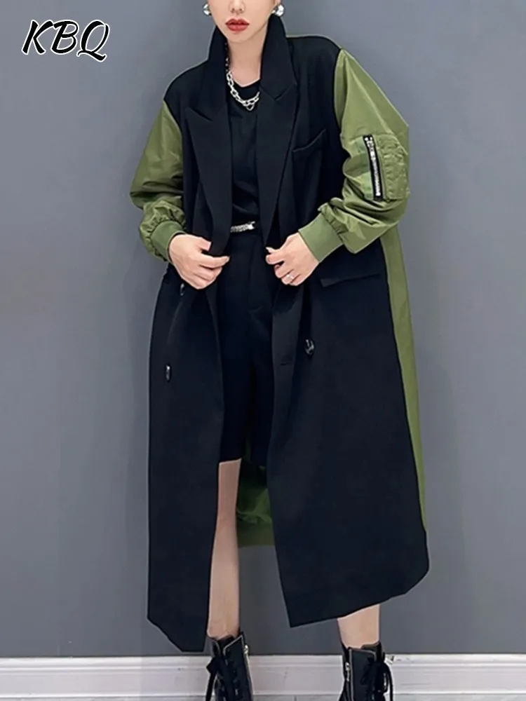 

KBQ Colorblock Spliced Pocket Trench For Women Notched Collar Long Sleeve Double Breasted Loose Casual Windbreaker Female New