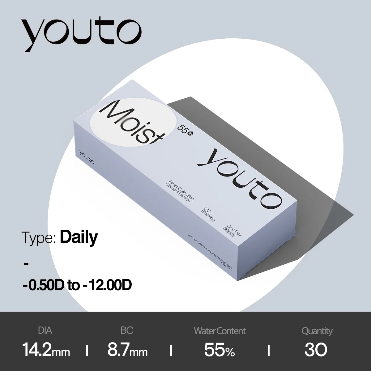 

Youto Mosit Daily Soft Contact Lenses, 10/30/60/90 Pieces, BC 8.7 mm, DIA 14.2 mm, 55% Moisture, Center thickness 0.08mm