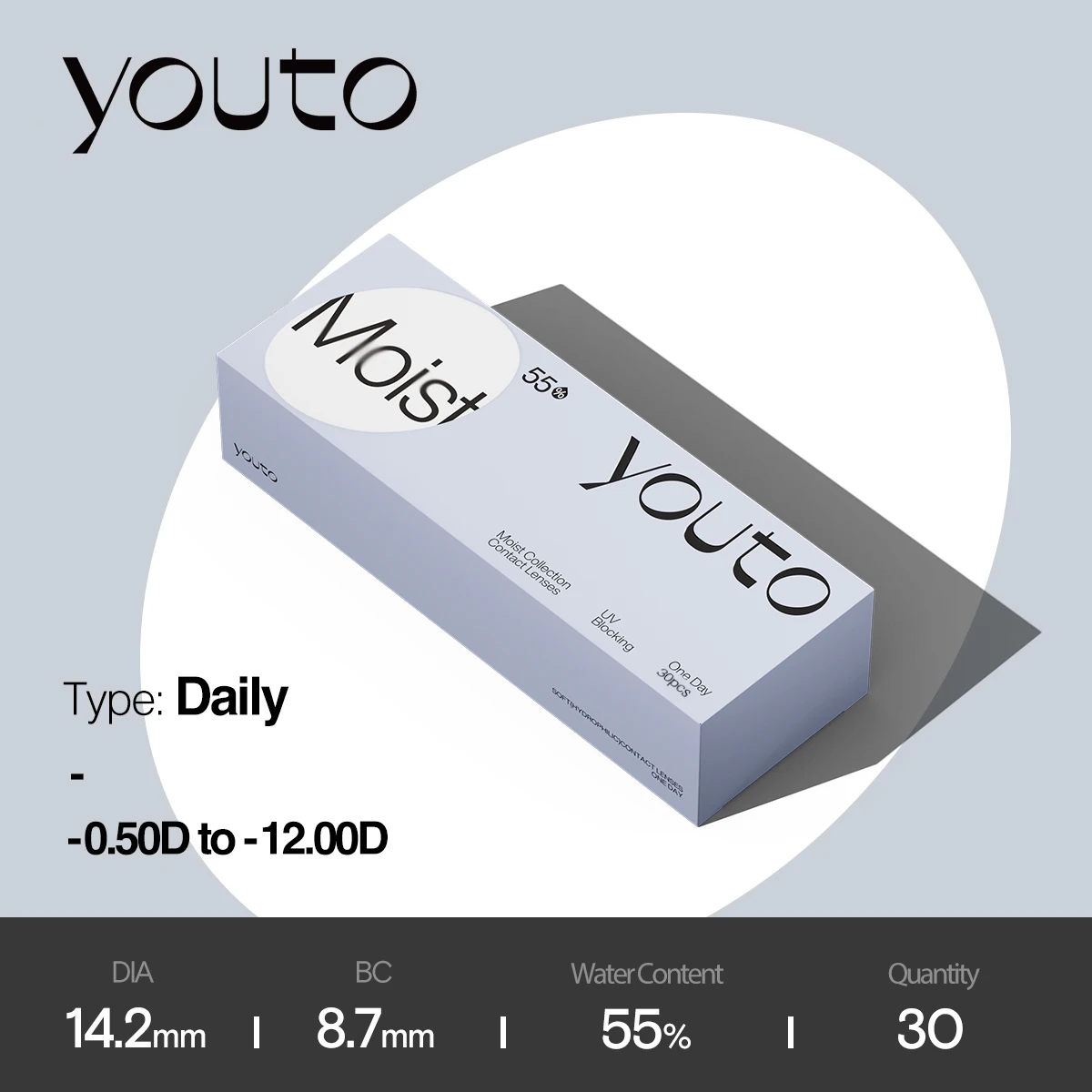 Youto Mosit Daily Soft Contact Lenses, 10/30/60/90 Pieces, BC 8.7 mm, DIA 14.2 mm, 55% Moisture, Center thickness 0.08mm