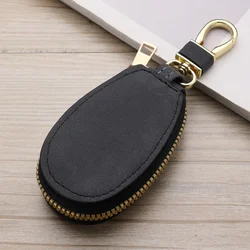 Leather Keychain Mini Coin Purse with Dual Keyrings and Zipper Closure (Black)