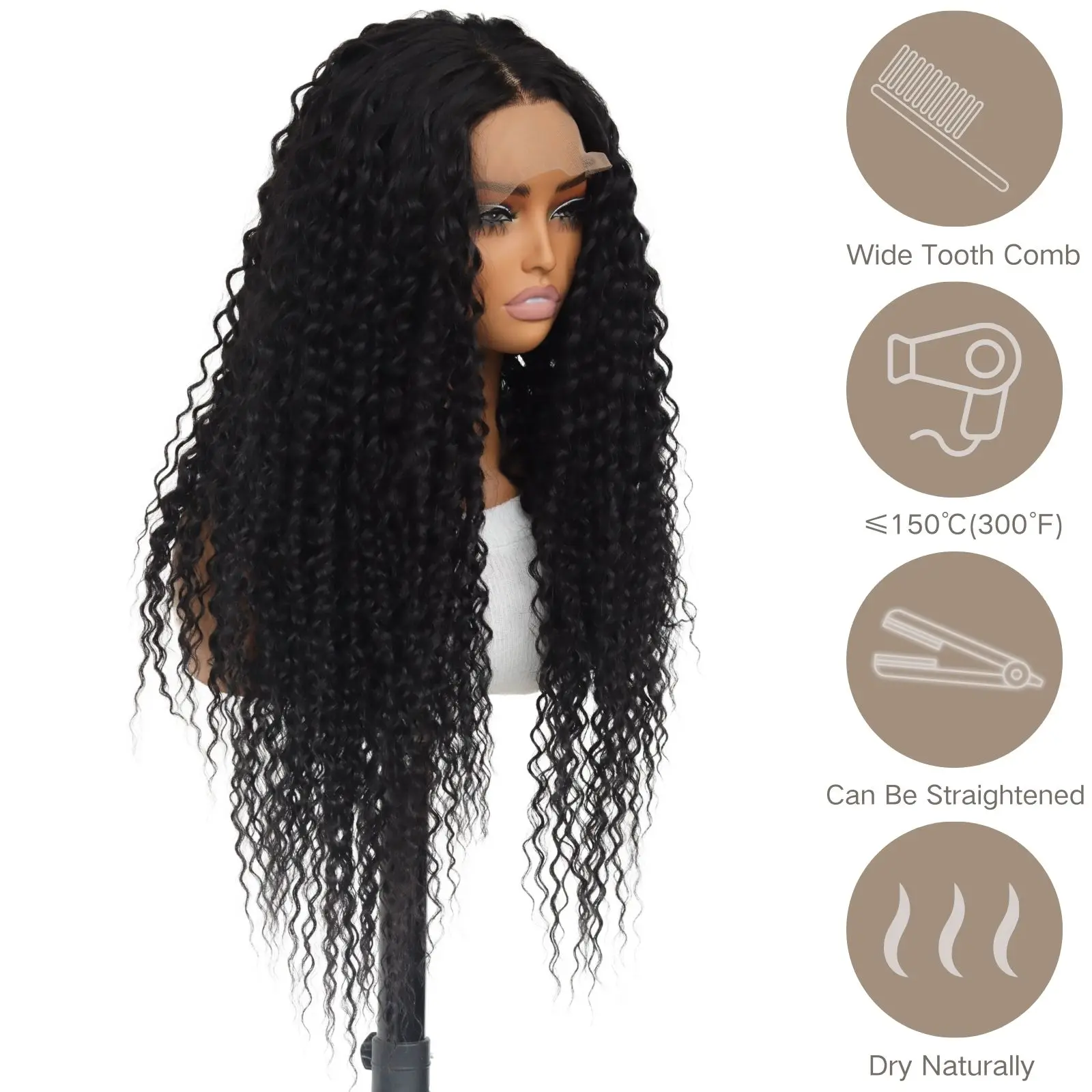 Long Curly Lace Front Synthetic Wigs Black Loose Curly 13×4 Lace Front Wig Pre Plucked Natural Hairline Wig For Women (28Inch)