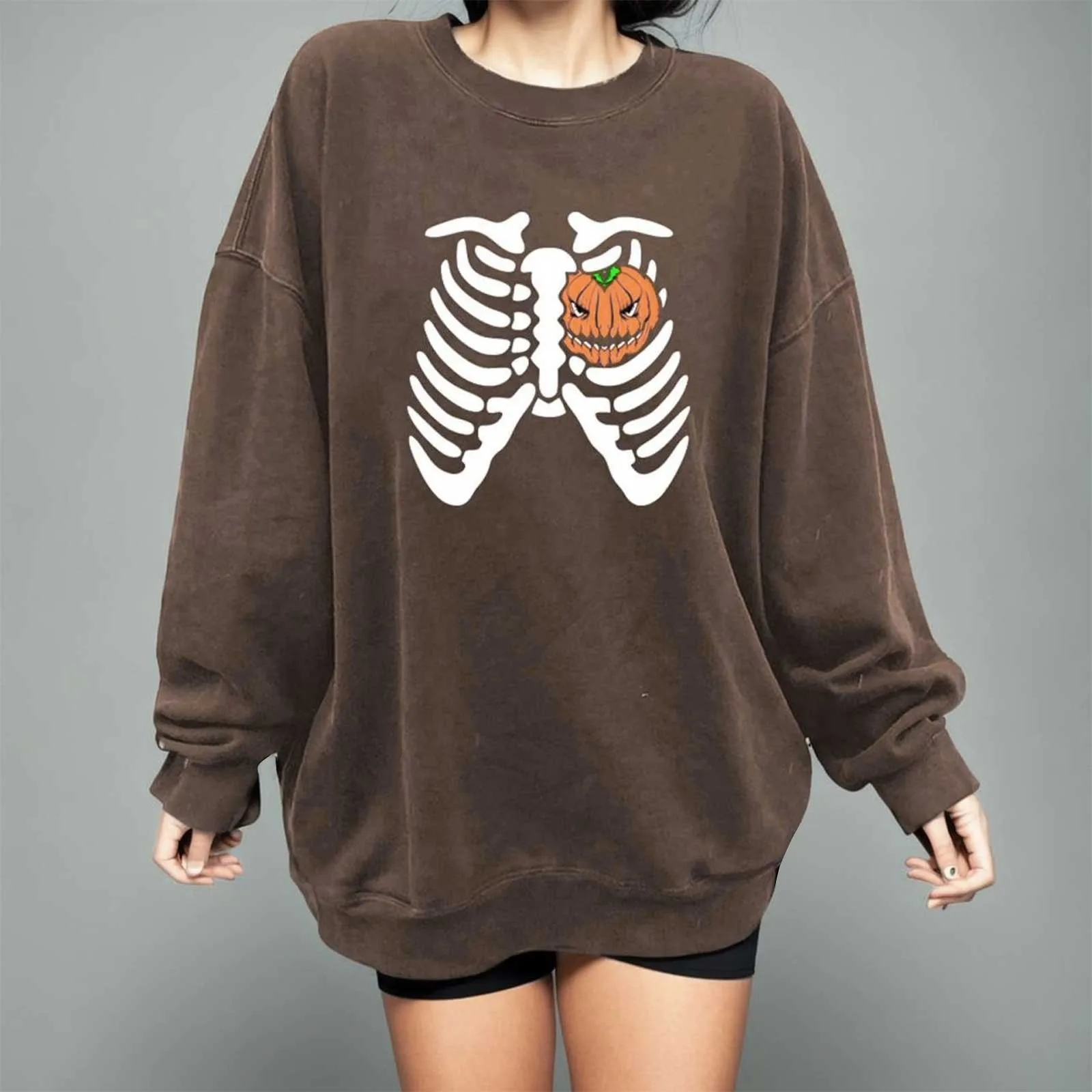 

Women's Halloween Sweatshirt Drop Off The Shoulder Oversized Solid Long Sleeves Pullovers Round Neck Autumn Winter Fashion Tops