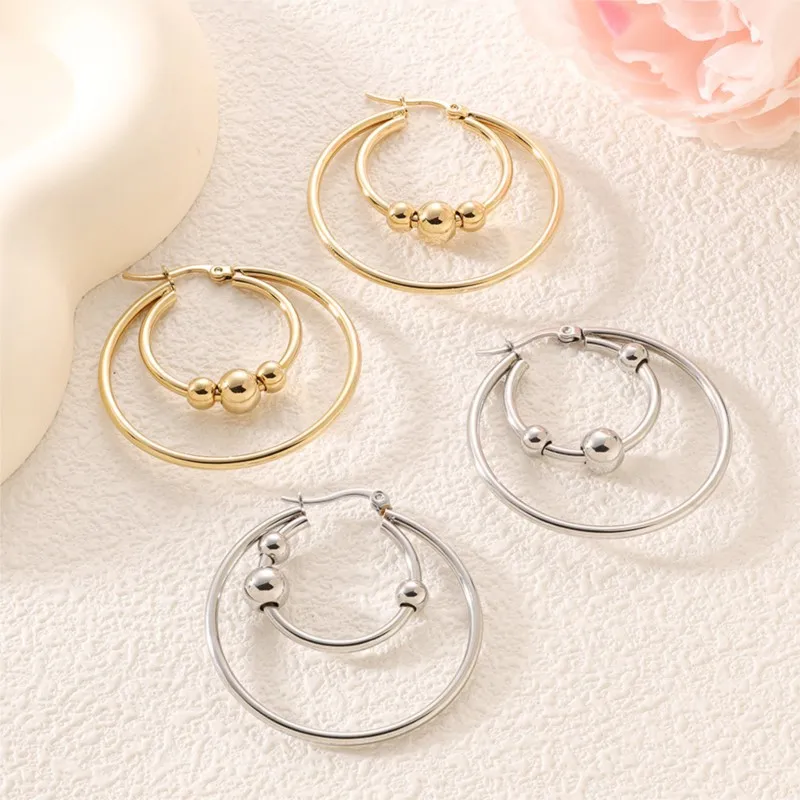 Stainless Steel Exaggerated Round Bead Hoop Earring for Women Men Smooth Design Vintage Double Rings Earring Personality Jewelry