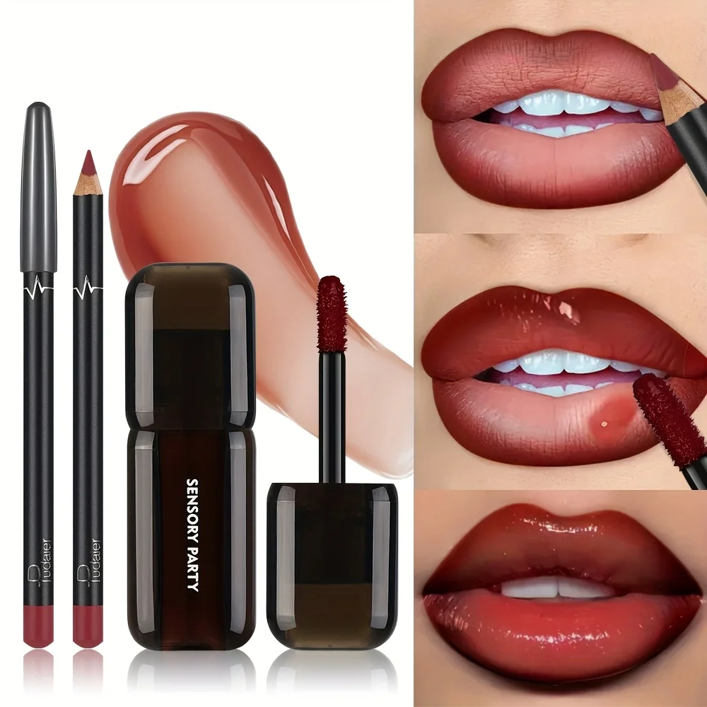 Gradient Lips Set, Lip Liner + Glass Lip Gloss, Mirror Shine Finish, Smooth Blend, Nude Shades, Long-Lasting_voghion.com