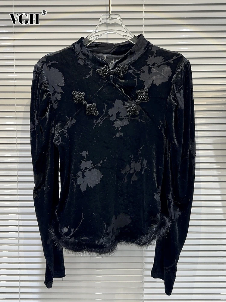 

VGH Patchwork Button Hit Color Printing Vintage T Shirts For Women Stand Collar Long Sleeve Spliced Feathers T Shirt Female New