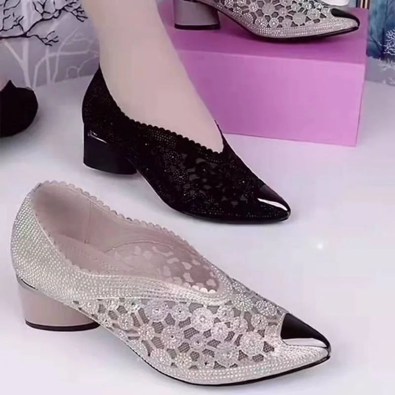 Chunky Lace Sexy Pointed Toe Women Shoes Summer Designer Mid Heels Shallow Mature Dress Woman Shoes Pumps Mujer Zapatos Women Pumps Shoes