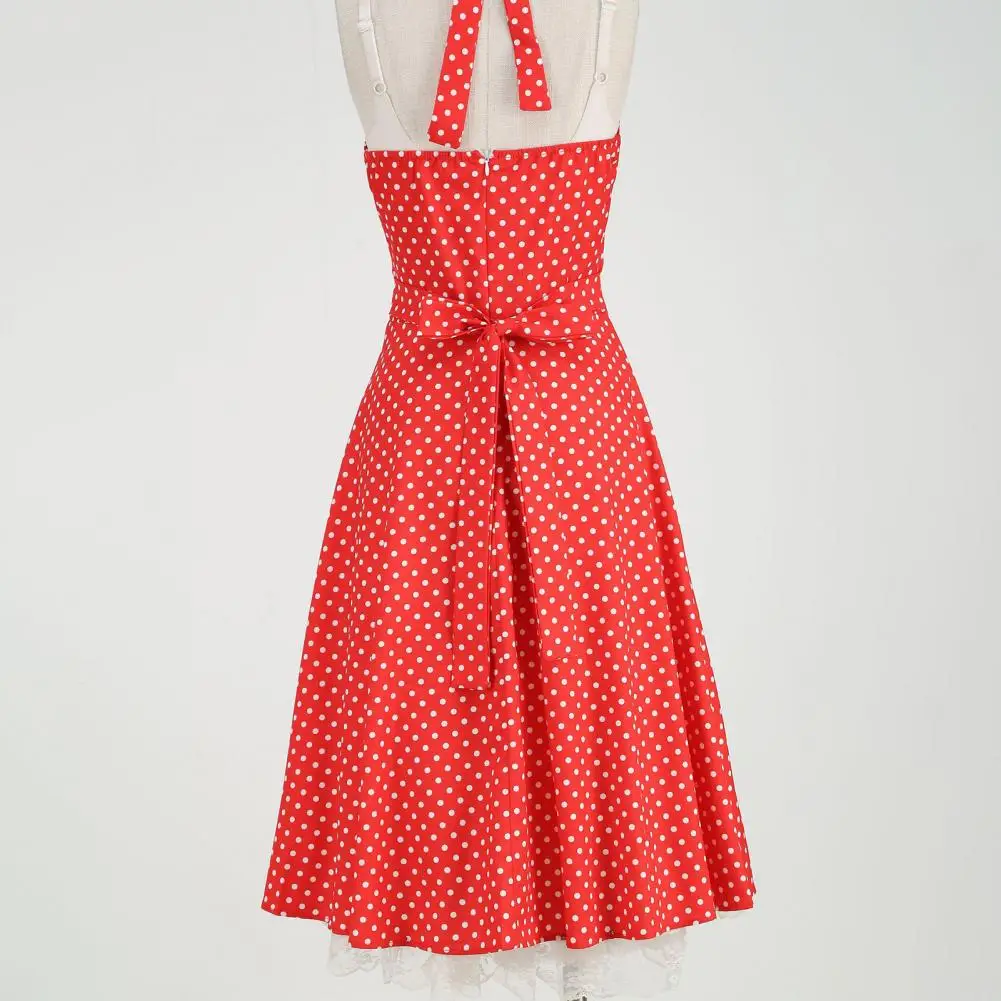 

Women Slim Fit Dress Women Ball Gown Elegant Vintage Dot Print A-line Evening Dress with Halter Neck Pleated for Special