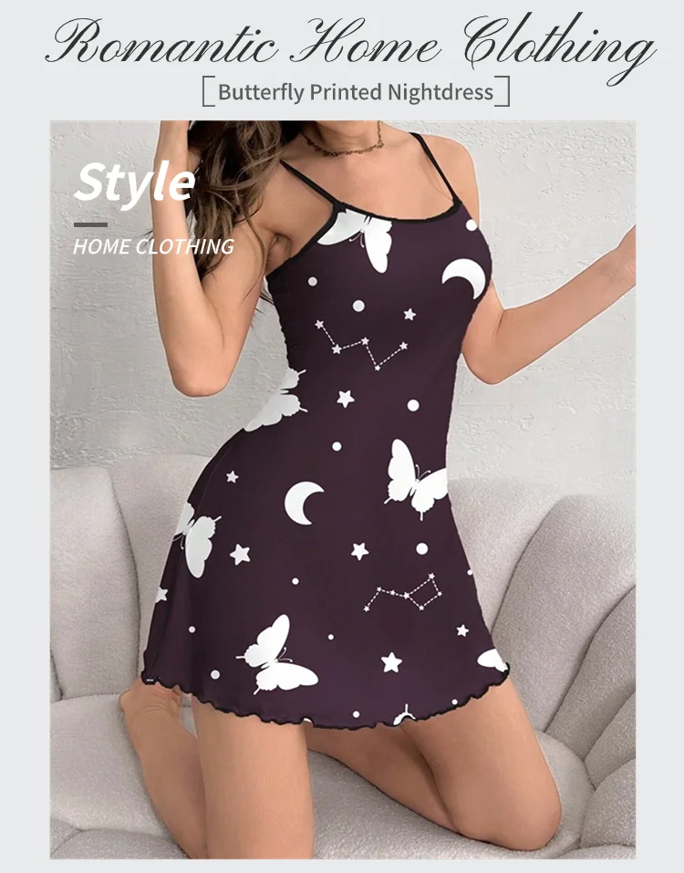 Women's Nightdress Nightgown Summer Sleeveless Night Dress Butterfly Print Cami Sleepwear Soft Comfortable Lounge Wear Nightwear