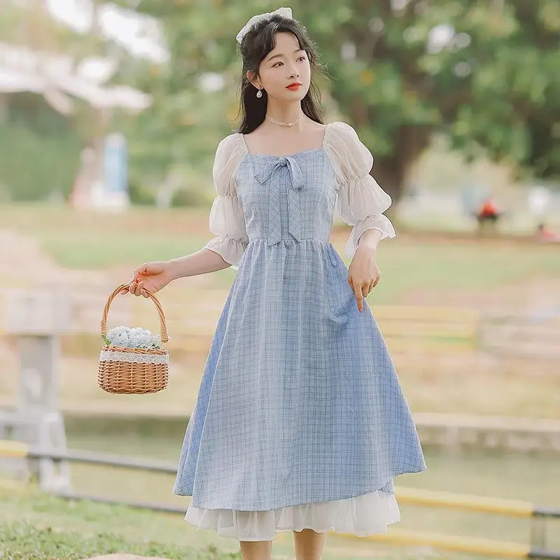 

2022 Summer Vintage Party Midi Dresses Women French Fairy Tale Plaid Dresses Puff Sleeve Sweet Cute Princess Dress