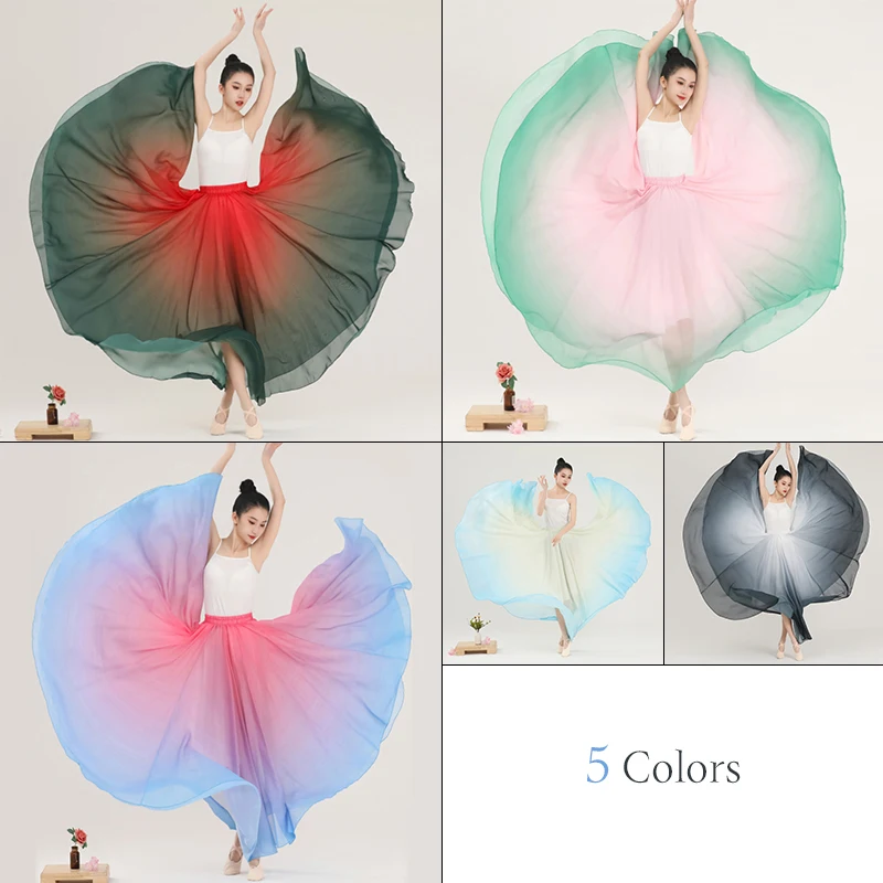 Female Elegant Gradient Ballet Skirts 720 Degrees Big Hem Classical Dance Costume Chiffon Flowy Practice Dancewear 80 90 100CM 