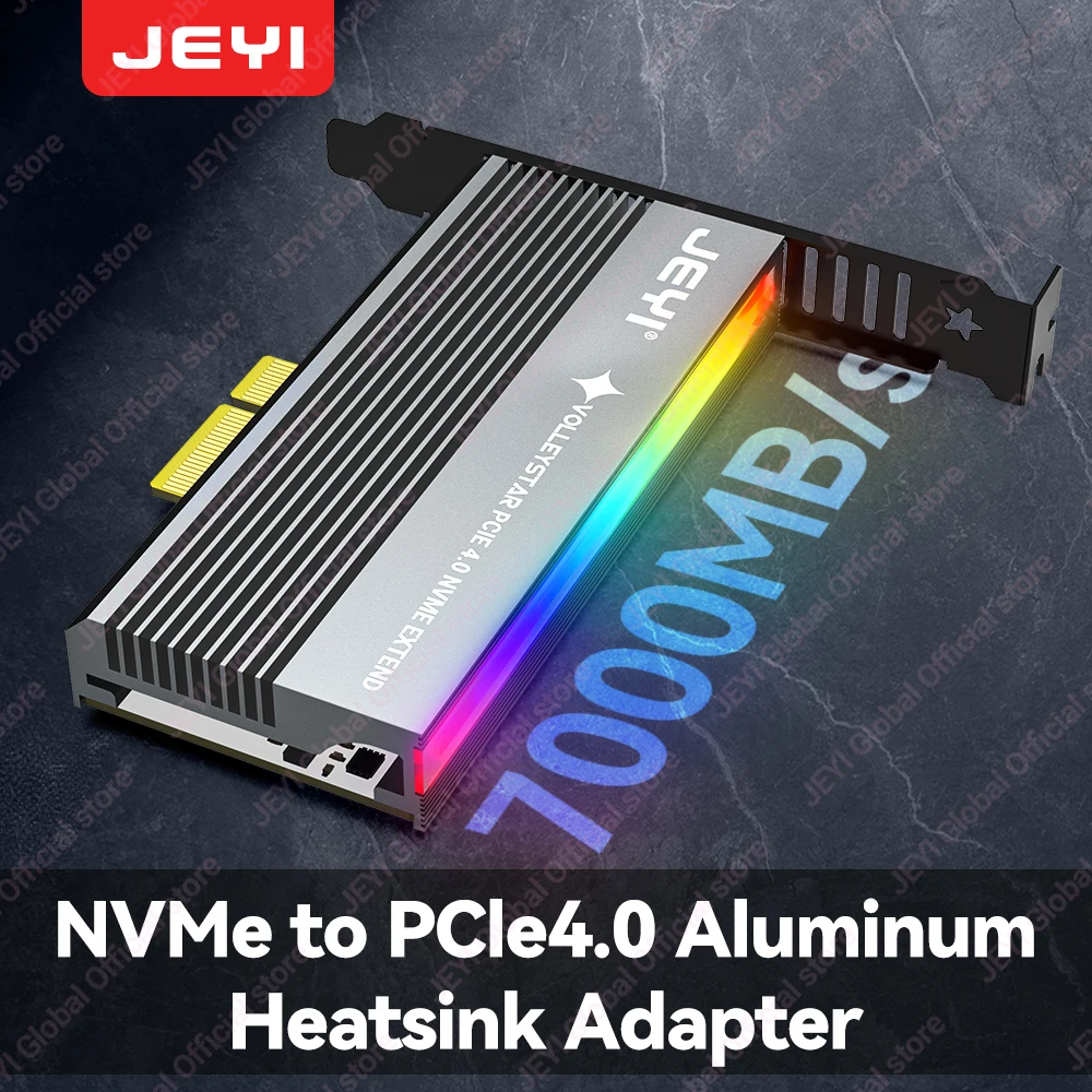 Adaptador JEYI VolleyStar PCIE a NVMe con disipador térmico de aleación de aluminio, tarjeta M.2 RGB PCIe 4,0 con soporte de perfil estándar bajo 1/2U