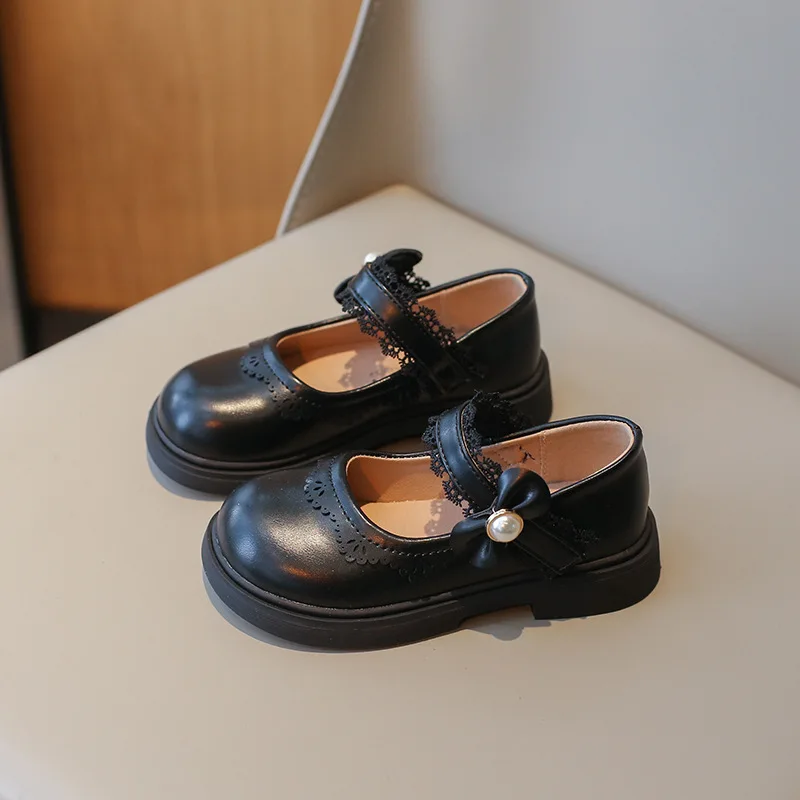Girls' Flat Shoes Fashion Ruffled Edge Elegant Kids Leather Shoe Thick Bottom Bowknot Mary Janes Sweet Children Princess Shoes