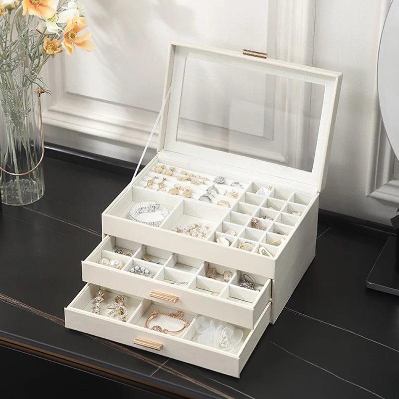Casegrace Jewelry Storage Box with Clear Flip Lid Double Layer Drawer Organizer for Earrings Ring Necklace Display Jewelry Box