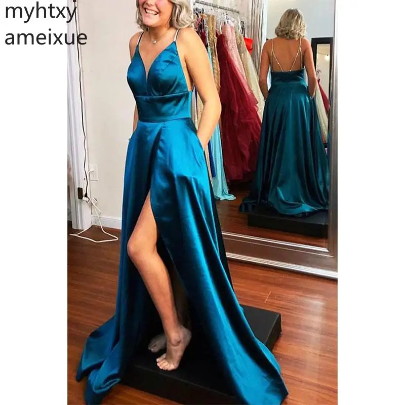

Sexy Royal Blue Plus Size Evening Gowns Backless Prom Dress with Beaded Spaghetti Straps Custom Made Long SatinRobe De Soiree