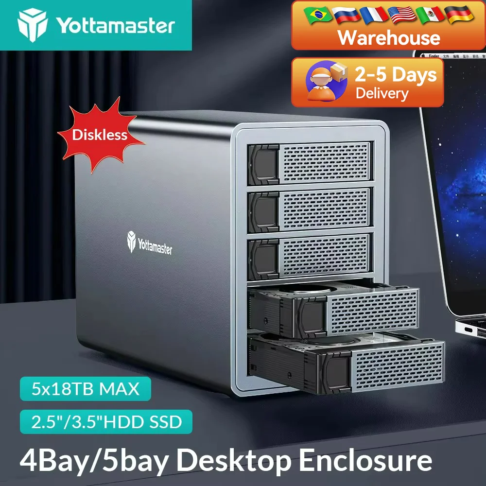 【Free Shipping From Brazil Overseas Warehouse】Yottamaster 5 Bay 90TB RAID Gabinete de Disco Rígido Externo 150W Energia Com Ventilador 2.5 "3.5" SATA HDD SSD Armazenamento Do Disco Rígido