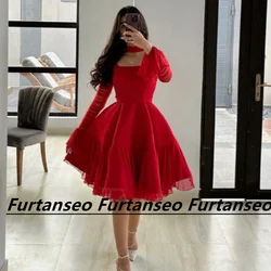 Red Short Dubai Evening Dress Long Sleeve Halter Neck A-Line Cocktail Dresses Saudi Arabian Back Zipper Vestidos Para Mujer Gala