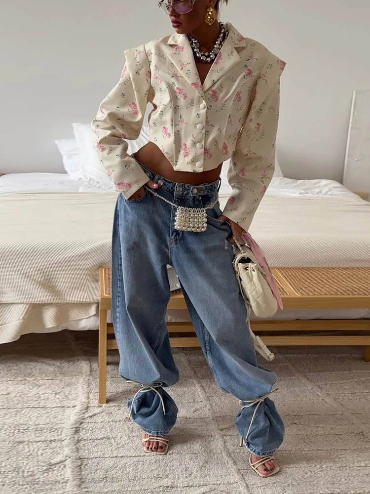 Nibber Floral Print Crop Coat Woman Polo-Neck Single-Breasted Full Sleeve Irregular Hem Sweet Style Street Casual Hipster Tops