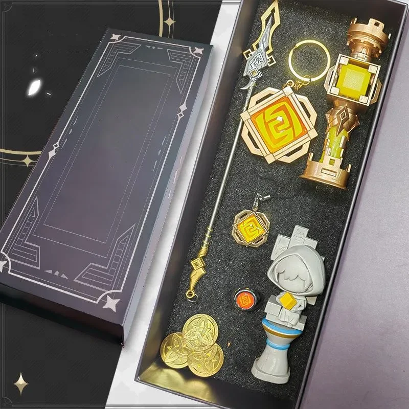 

Genshin Impact Eye of God Keychain Pendant Alloy Weapon Kawaii Model Toys Anime ZhongLi Xiao Key Rings Collection With Gift Box