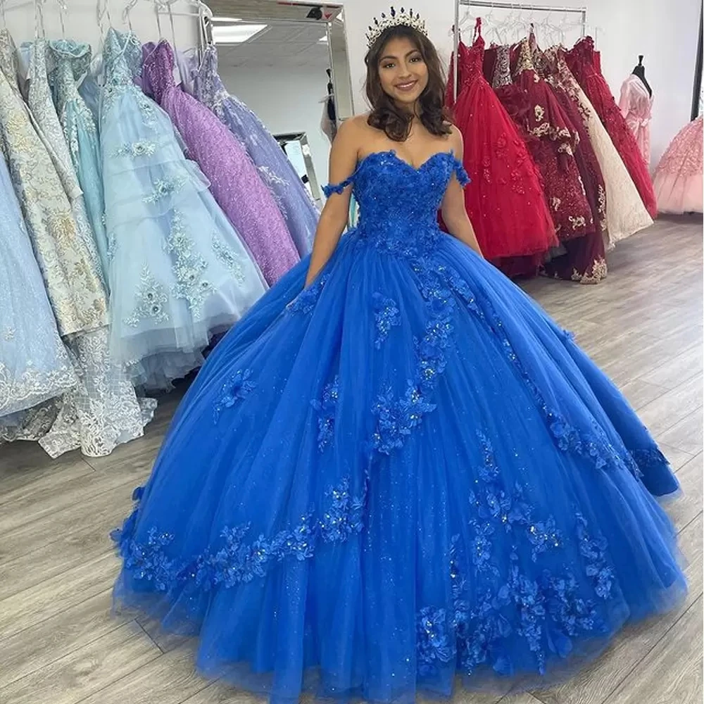 

ANGELSBRIDEP ярко-Голубое Бальное платье, платья для Quinceanera, аппликация с открытыми плечами, 3D цветочные платья, платья для вечевечерние 15 лет