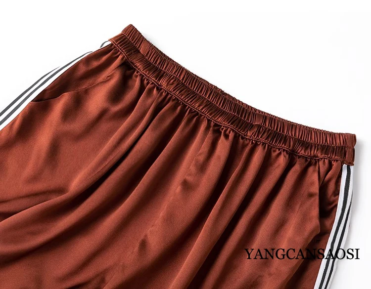2024 Women's Casual Summer New 40MM Heavyweight 100%Natural Mulberry Silk Satin Elastic Waist Loose Caramel Wide Leg Pants