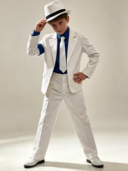 Abito Formale a Tema per Bambini, Completo Bianco a Righe per Ragazzi con Cappello e Cravatta