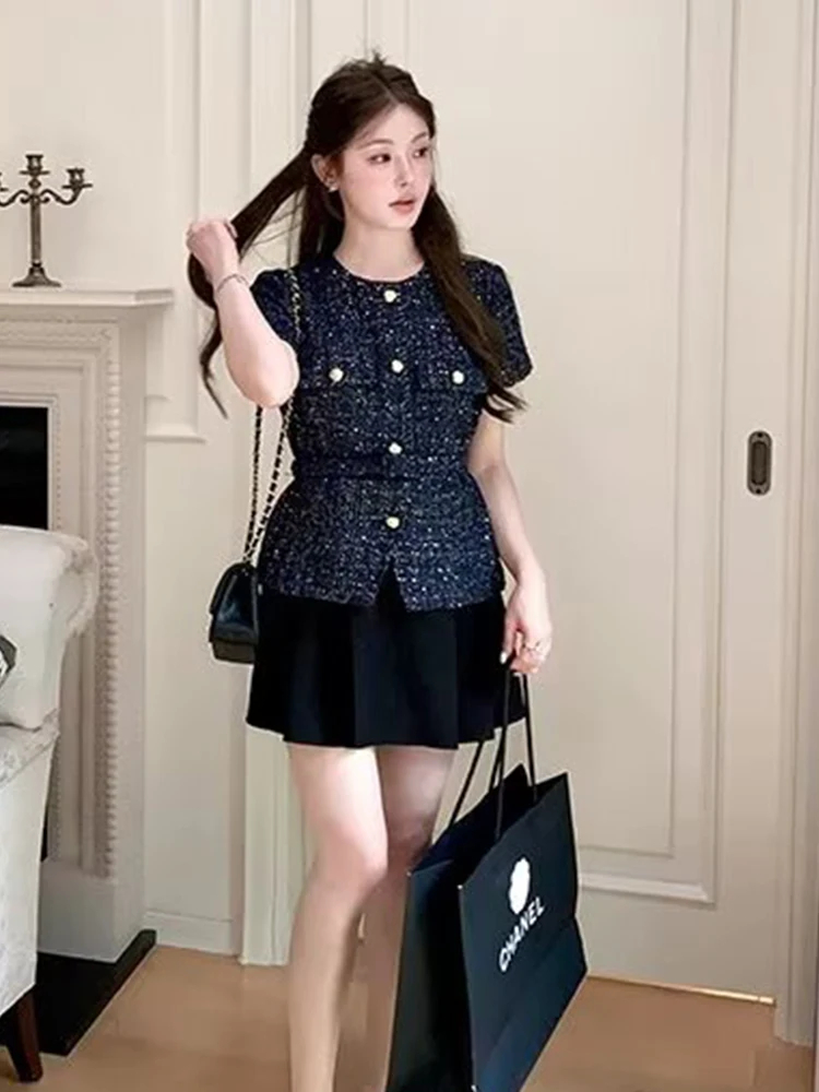 Women's Fashion Texture Jacket Chic Elegant Short Coat Belt Short Sleeve Metal Buckle Jackets High Street Casual Outerwears