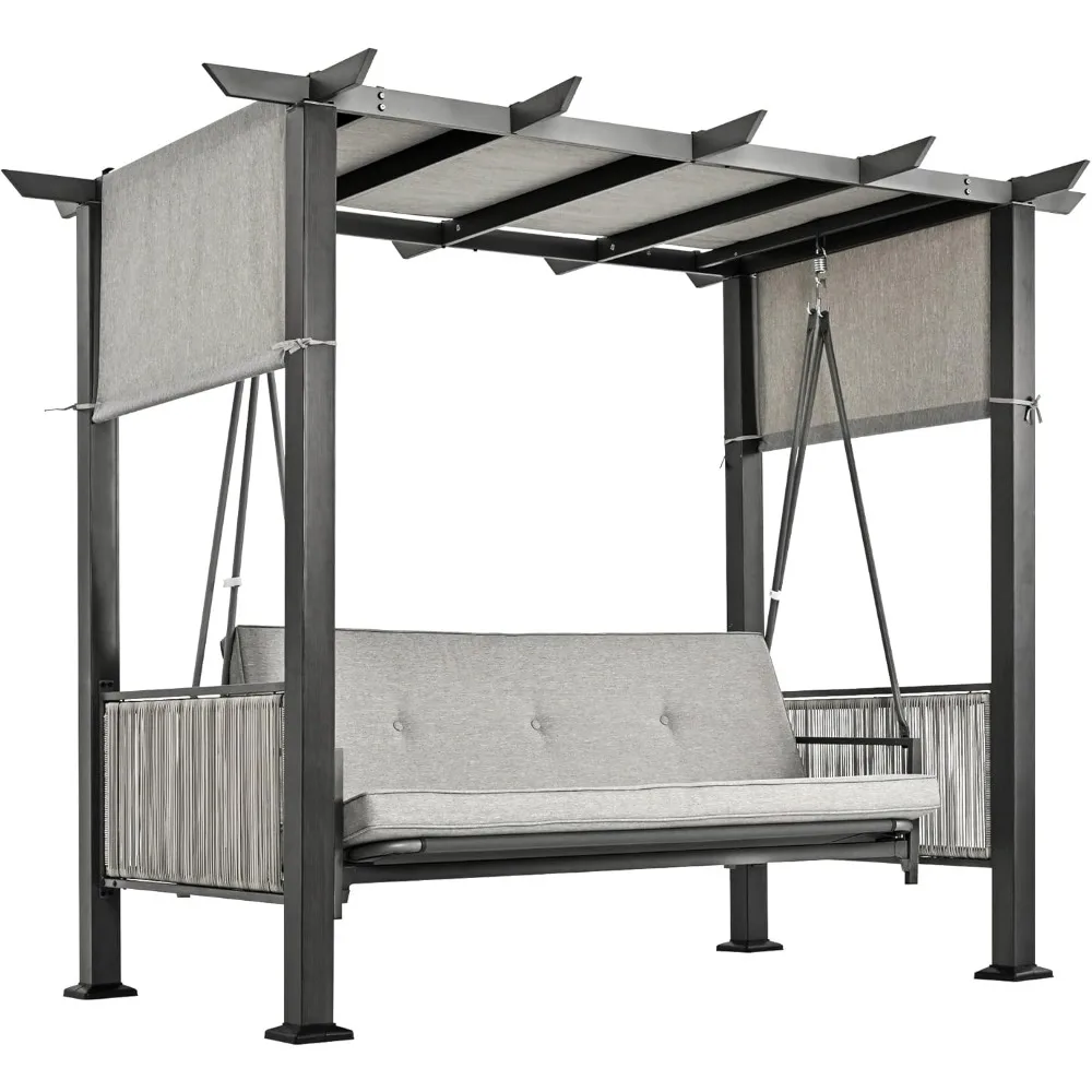 2 in 1 Design Porch Swing with Canopy,  Adjustable Curtains, Outdoor Patio Swing Chair for Garden, 3-Seat Patio Swing Bed 6
