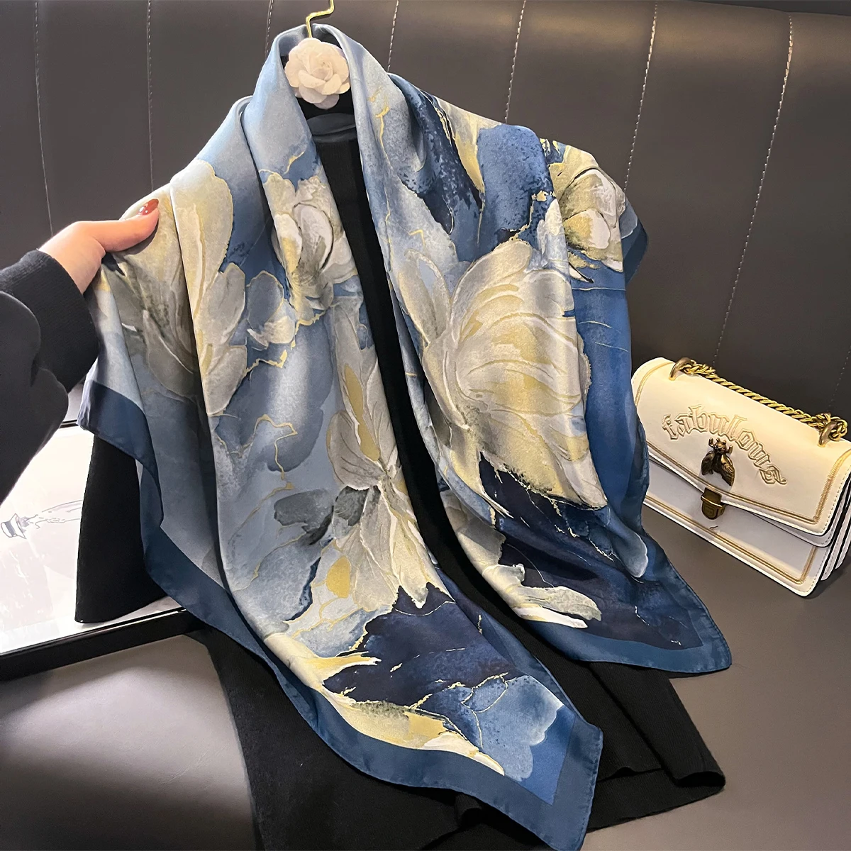 Latest Design Print Head Scarves Women Four Seasons Foulard Satin Square For Ladies Shawls 90*90 Silk Scarf Muslim Hijab