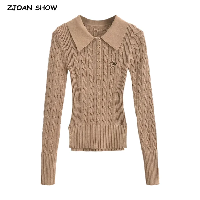 2023 Maillard 스타일 여성 라펠 케이블 트위스트 니트 100% 코튼 스웨터, 가을 니트웨어