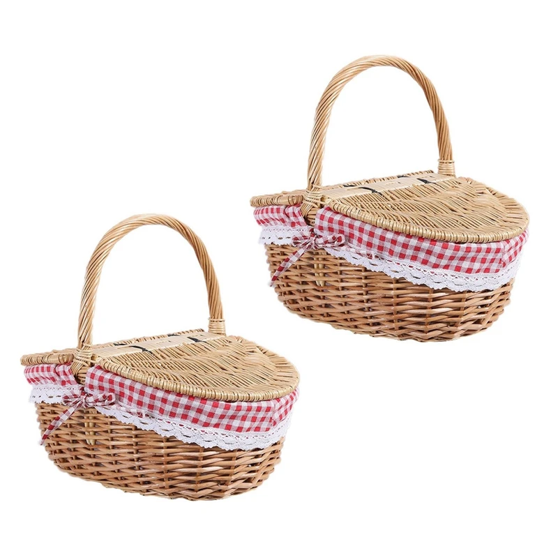 

2X Country Style Wicker Picnic Basket Hamper With Lid And Handle & Liners For Picnics, Parties, Wedding And Bbqs CNIM Hot
