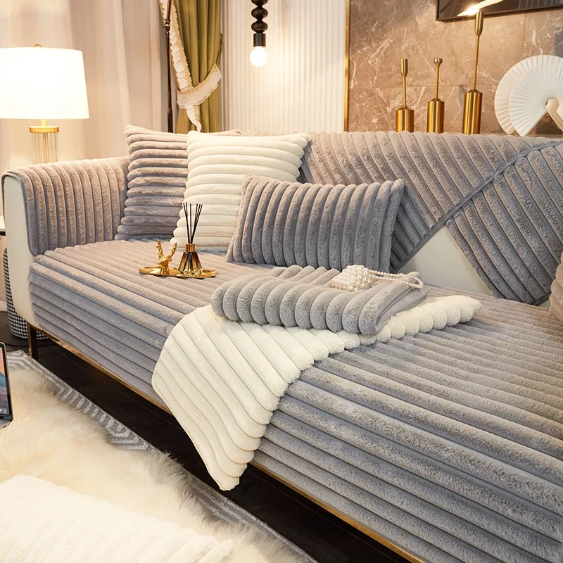 Thicken Plush Stripe Sofa Cover Image 8