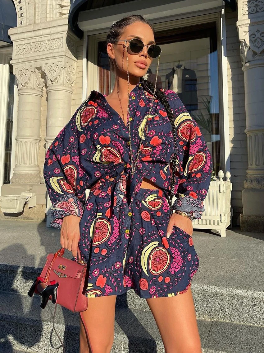 Marthaqiqi Printing Women Sleepwear Set Long Sleeve Pajamas Sexy Turn-Down Collar Nightwear Shorts Casual Ladies Nightgowns Suit