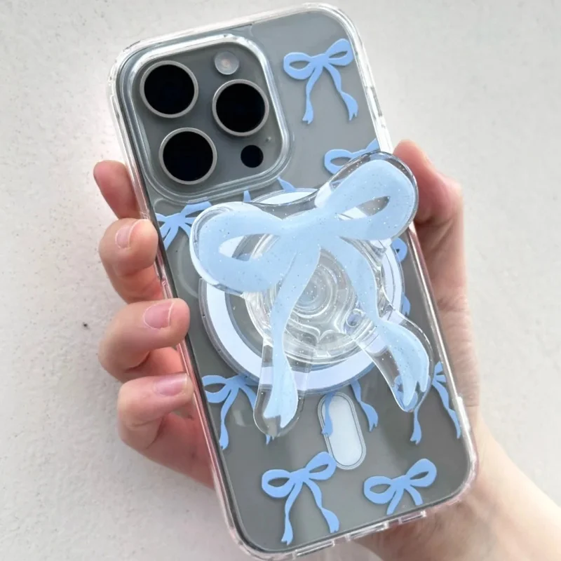 【Trending in Fashion】 Cute Pink Blue Bowknot For Magsafe Magnetic Phone Holder Griptok Grip Tok Stand For Foldable Wireless Charging Case Ring.