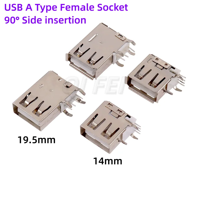 10 Stück USB A Typ Buchse 14mm 19,5mm 4-Pin AF 90 ° Rechtwinkliger seitlicher Einsteckanschluss mit flacher Kante und gewellter Kante, 2.0 USB-A Typ Stecker