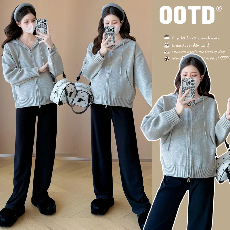 Pregnant Woman Korean Skinny Striped Sweater Cardigan Autumn Winter Casual Hoodie Jacket Maternity Outwear Stylish Coat