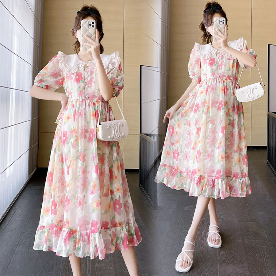

Maternity Chiffon Flower Dress Summer Lace Doll Collar Pregnant Women Clothes Sweet Bubble Sleeve Ruffled Pregnancy Long Dress