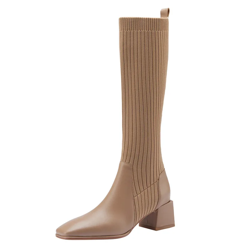 Women Winter Knee High Knitting Warm High Boot Heels Weave Casual Designer Chunky Motorcycle Sock Boots