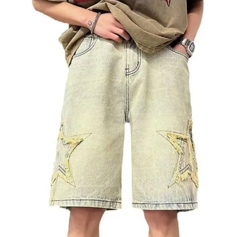 Star Patchwork Yellow Clay Color Jeans Summer Men Denim Shorts Trendy Streetwear Five-point Pants Straight Jeans Shorts men jeans denim pants denim shorts summer jeans shorts