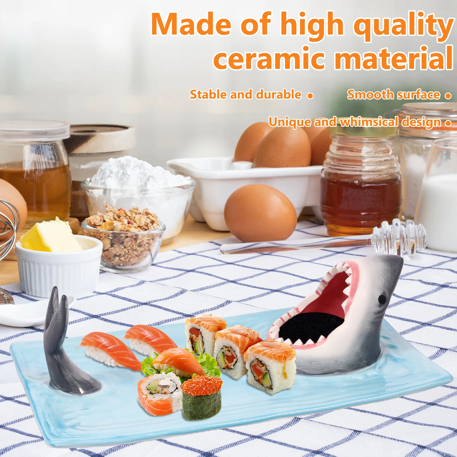Sushi Serving Plate Ceramic Shark Shape Porcelain Platter with Soy Sauce Holder