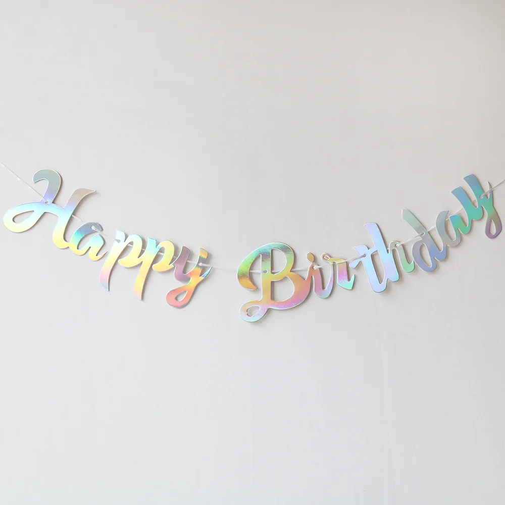 Iridescent Silver Happy Birthday Banner Hanging Garland Kids Birthday Party Decoration Banner Baby Shower 1st Boy Girl